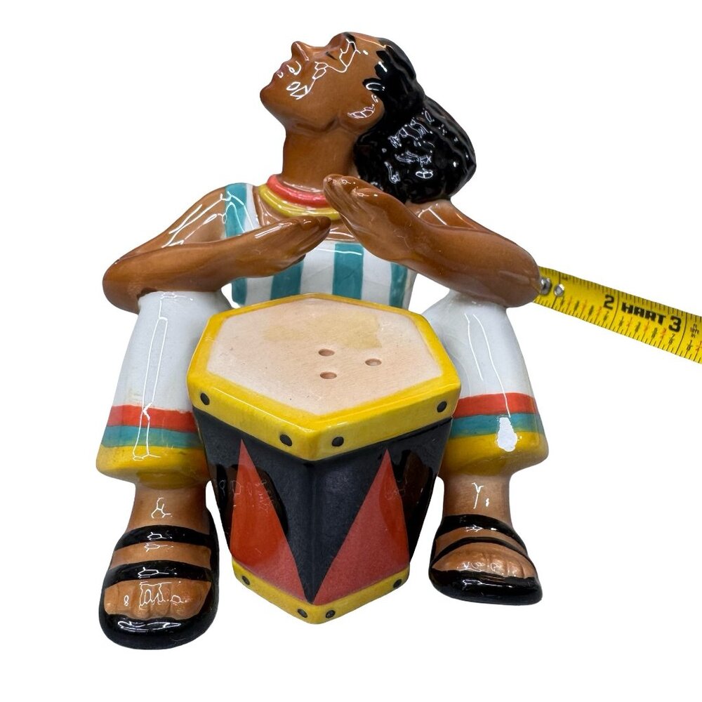 Clay Art Drummer Figurine Drum Salt & Pepper Shaker Set Ceramic Collectible READ
